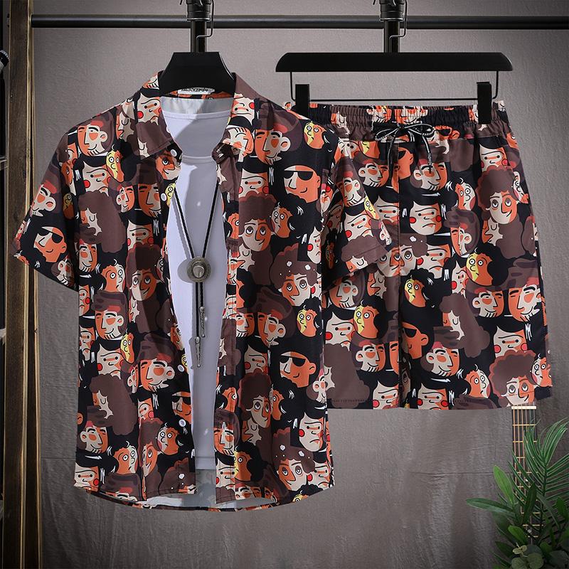 Hawaiian Men's Beach Set Single Chest Short Sleeve Shirt and Shorts Summer Leisure Travel Set