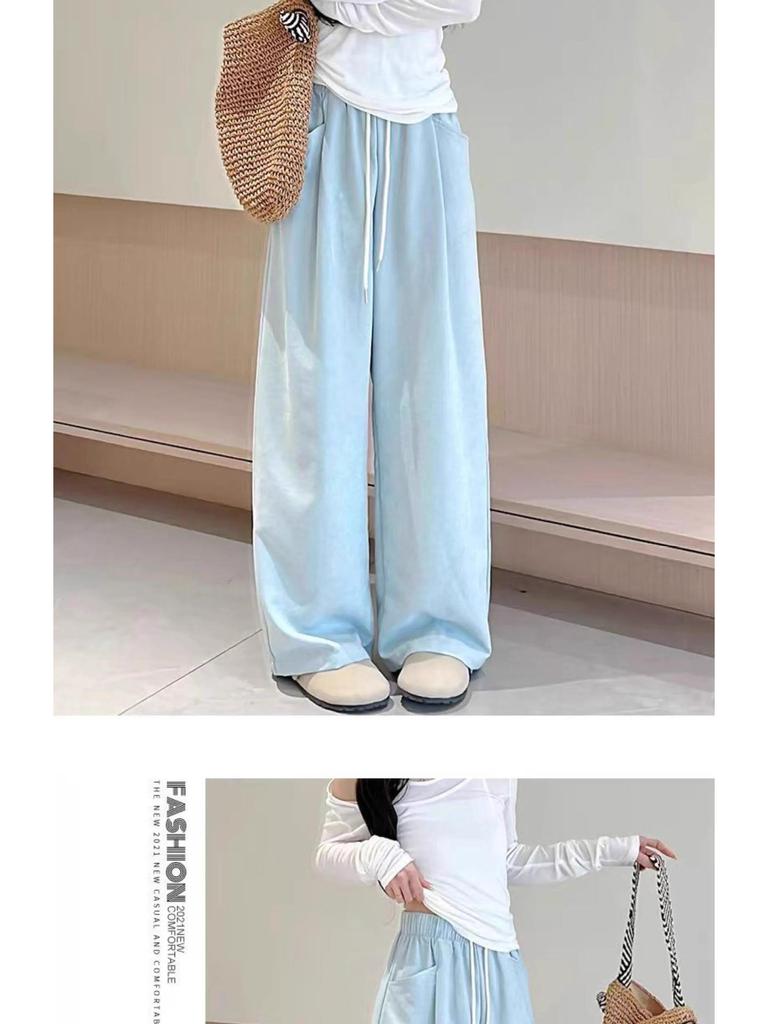 2025 Women's Blue Glutinous Rice Lazy Loose Wide-Leg Pants: Petite, Slimming, Summer Drape Design