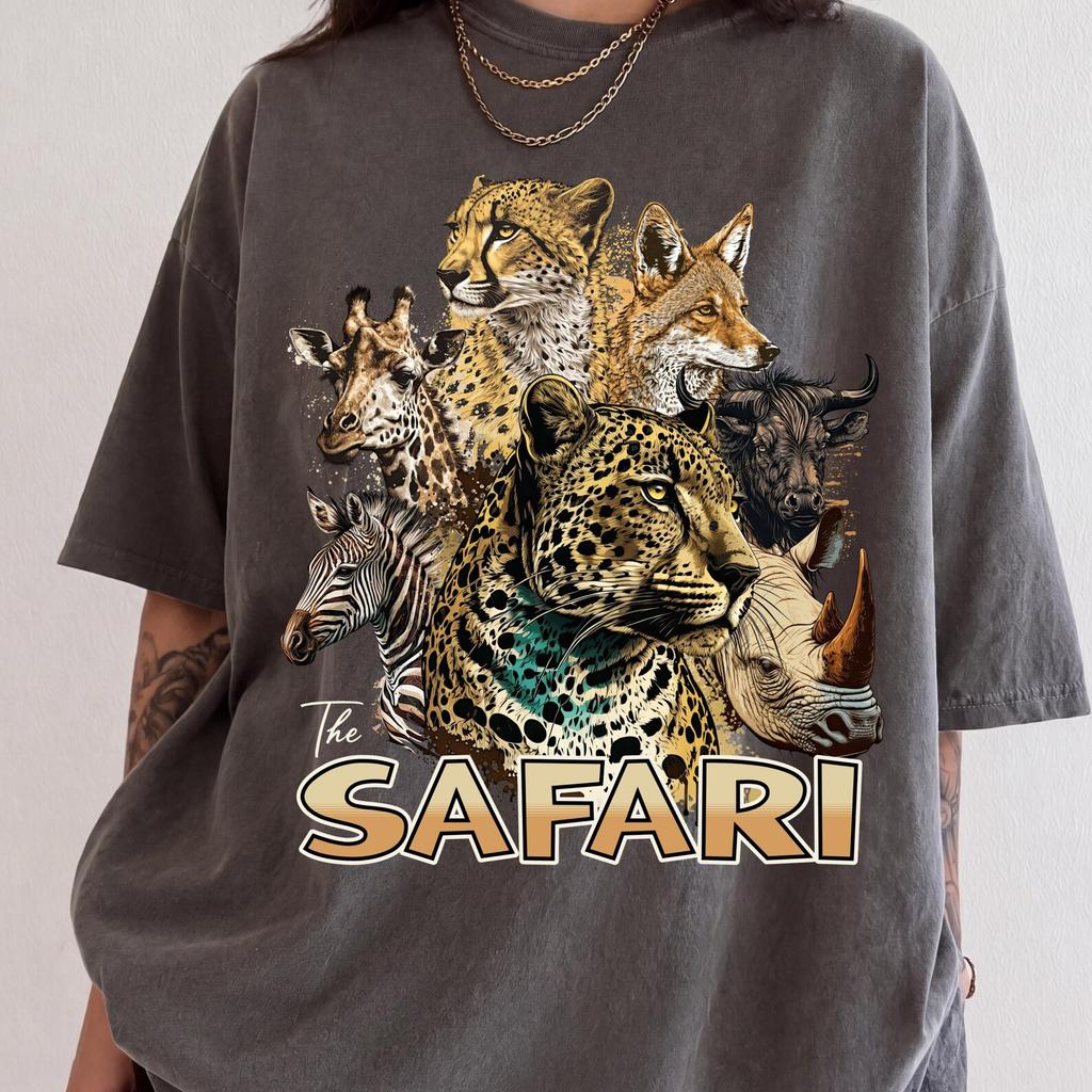 Vintage Safari Shirt Comfort Colors Pepper Tee, Retro African Animals Graphic T-Shirt, Leopard Cheetah Zebra Giraffe Wild Animal Lover Gift