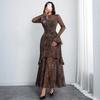 women's floral print sheer mesh mock neck flounce long sleeve high waist tiered ruffle maxi bodycon dress with lining