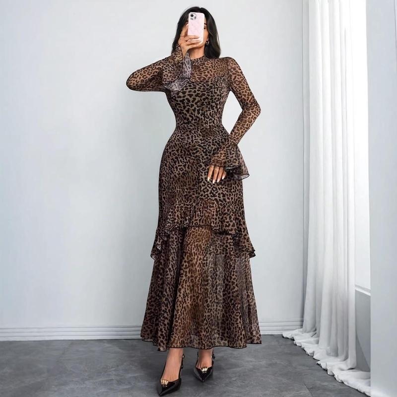women's floral print sheer mesh mock neck flounce long sleeve high waist tiered ruffle maxi bodycon dress with lining