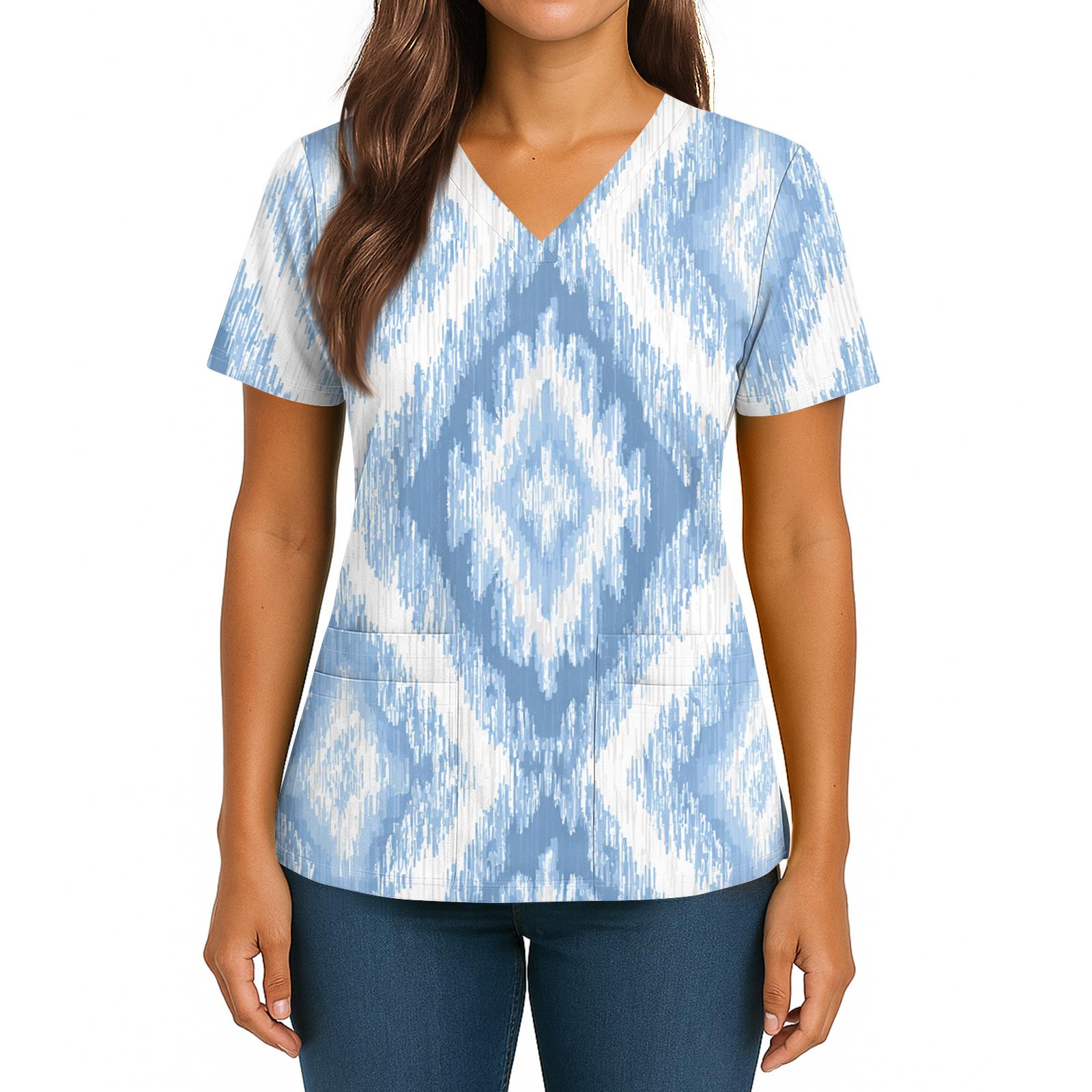 

Женский топ с градиентным принтом, V-образным вырезом, двойным карманом, короткими рукавами, разрезом по низу, униформа для ухода XXL синий