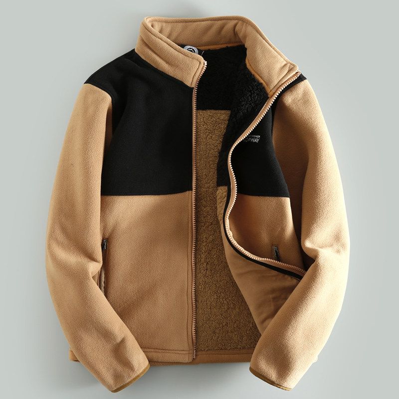 the Tag off Export Special Offer Factory Direct Sales Thickened Fleece-lined Color Matching Men s Overplus Order Polar Fleece Outerwear Fleece Jacket Khaki L
