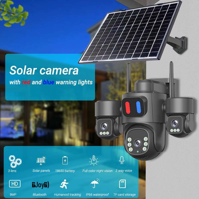 Solar-Powered Triple-Lens Rotating Alert Camera with Red & Blue Lights - Waterproof Outdoor Surveillance