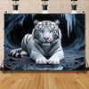 2D Wildlife White Tiger Backdrop 2D Icy Cave Blue Eyes Photo Background for Themed Shoot