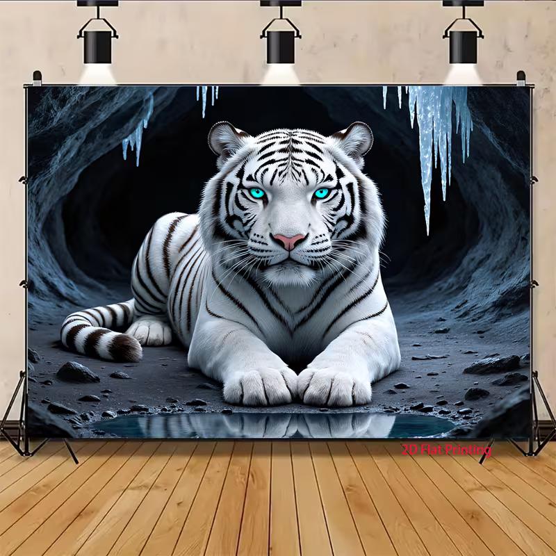 2D Wildlife White Tiger Backdrop 2D Icy Cave Blue Eyes Photo Background for Themed Shoot
