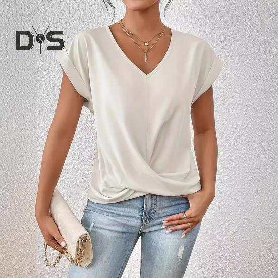 Summer Women Short Sleeve V Neck Shirts Solid Color Casual Breathable Top Versatile Fashion Blouse for Jeans Skirts