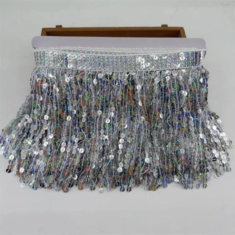 Dantelă cu Franjuri cu Paiete Laser de 15 cm, Accesorii Lanț de Talie pentru Haine de Dans Latin, Accesorii de Îmbrăcăminte DIY