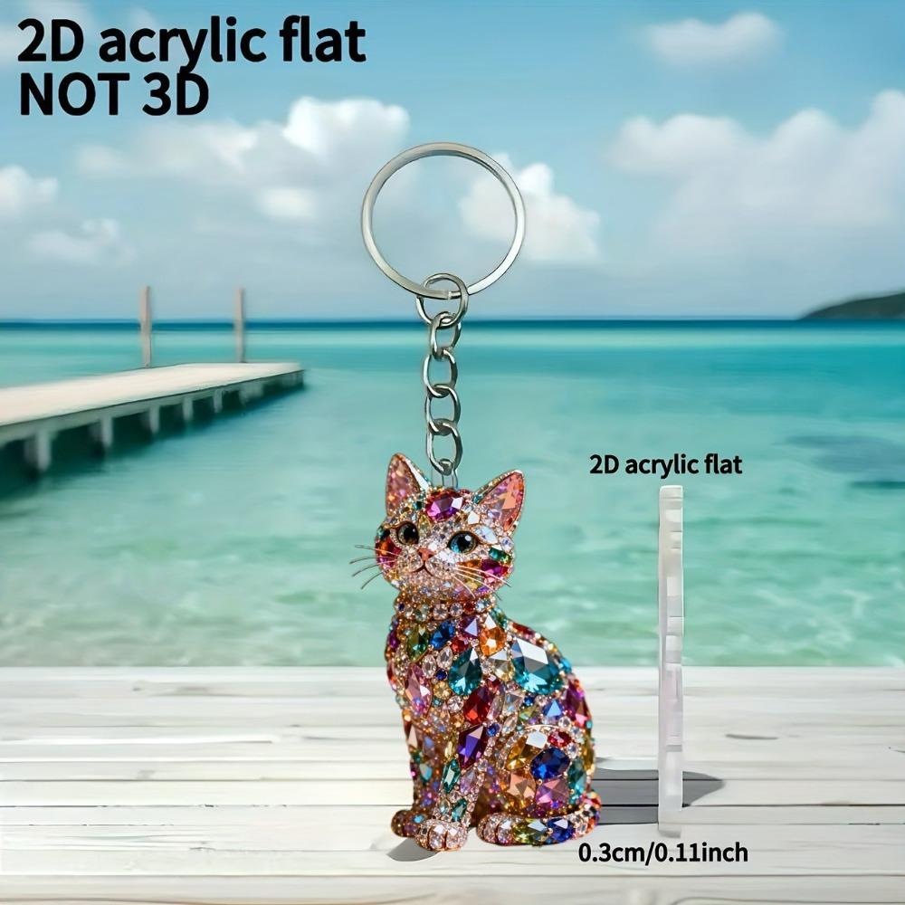 2 PCS Bag Key Decor Cute Rhinestone Cat Acrylic 2D Flat Kitten Hanging Ornament Mini Crystal Cat Pendant Gifts Bag Charm
