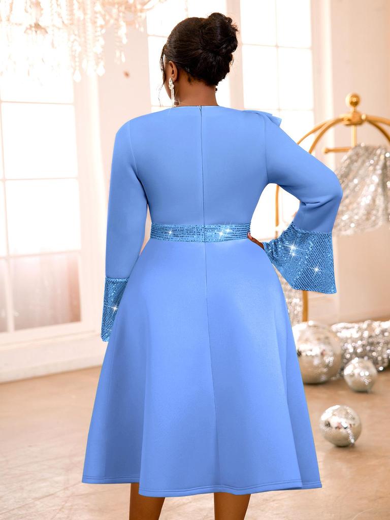 Plus Size Women's Light Blue Rhinestone Ruffle Sleeve A-Line Mid-Length Formal Dress