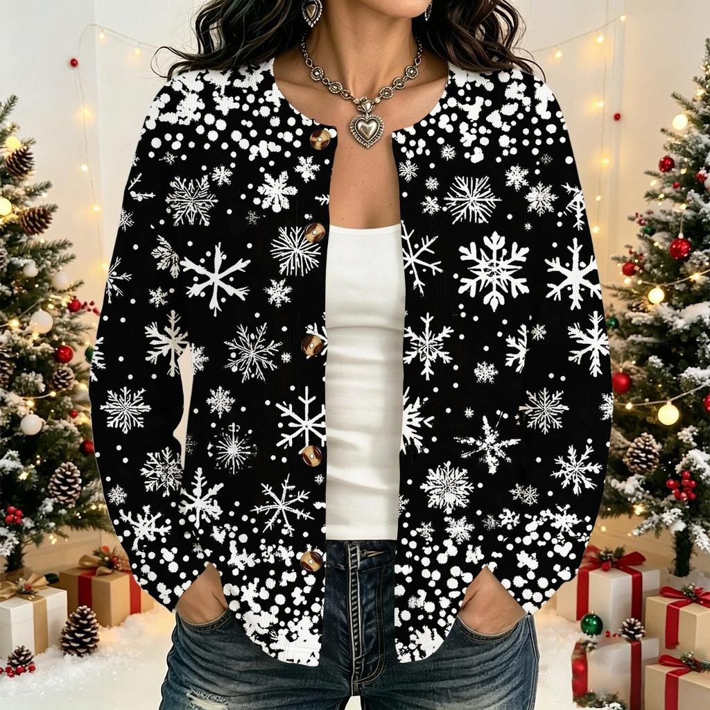 Women's Fashion Christmas Print Long Sleeve Cardigan - Holiday Open Front Knit Sweater for Winter Outfits