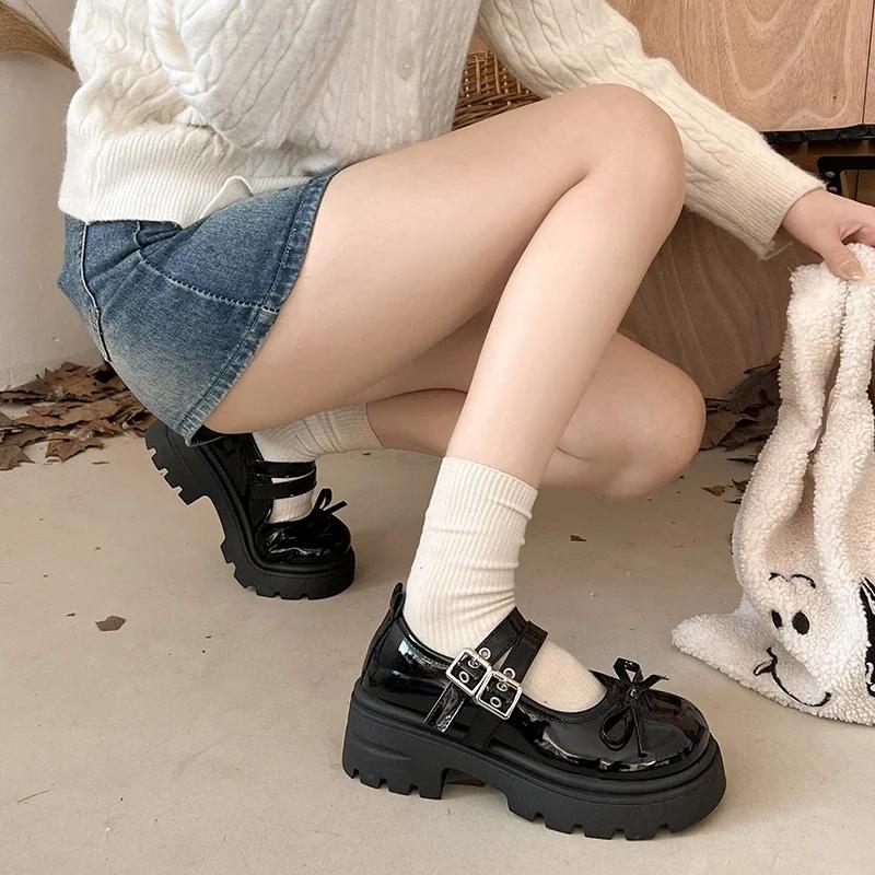Ladies Shoes Brand Mary Janes Women's High Heels New Dress Pumps Women Bow Tie Round Toe Buckle Strap Med Heel Shoes Women