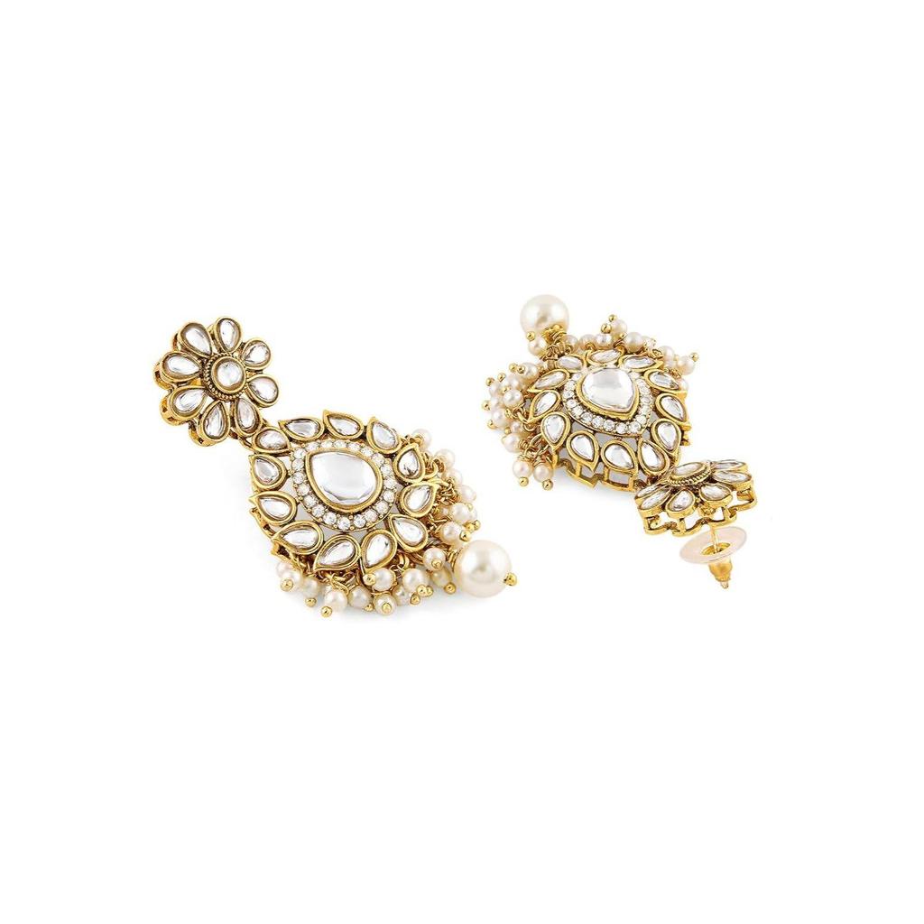 Tone Dazzling Kundan Multistrand Pearls Choker Necklace Earring & Maangtikka Set For Women