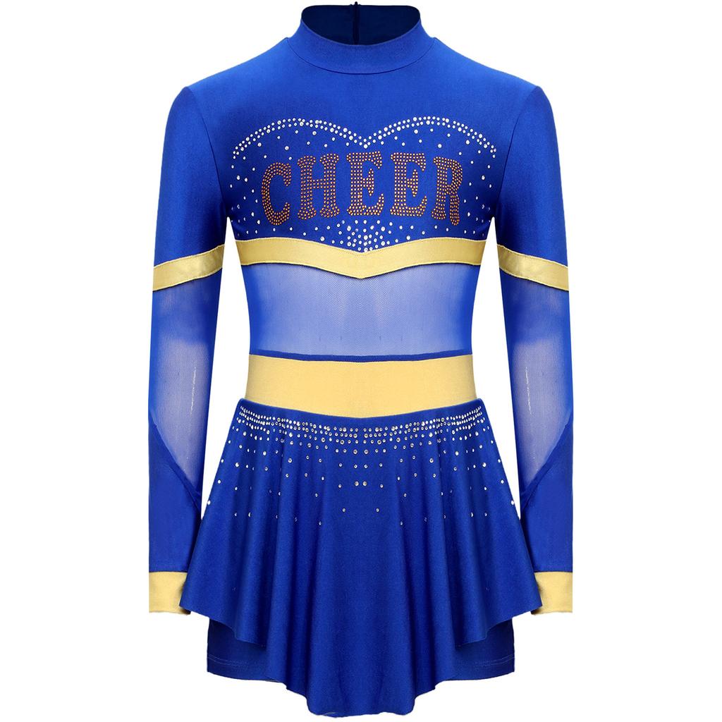 Girls One Piece Cheerleader Costume Long Sleeve Mesh Patchwork Shiny Diamonds Cheerleading Bodysuit