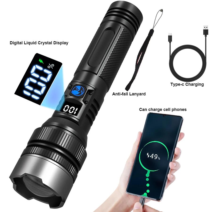 2000LM Self Defense LED Flashlight ABS Torch with Digital Display Portable TYPE-C Rechargeable Flashlights for Camping Hiking