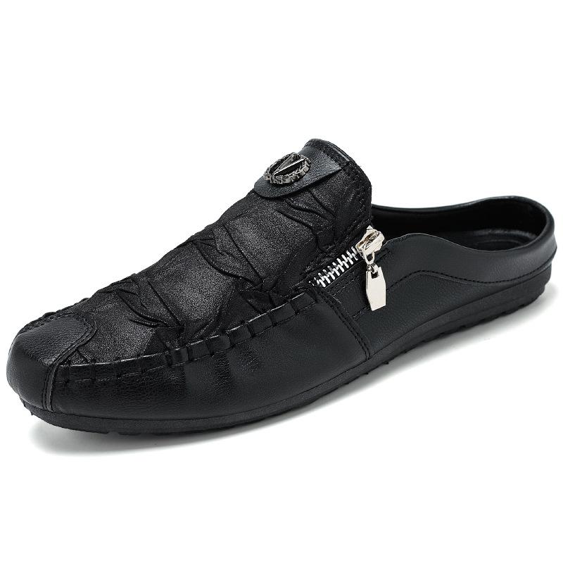 Fashion Men's Shoes Fashion Zippered Casual Leather Shoes Luxury Soft Soled Driving Shoes Designer Loafers Men Leather Half Slippers