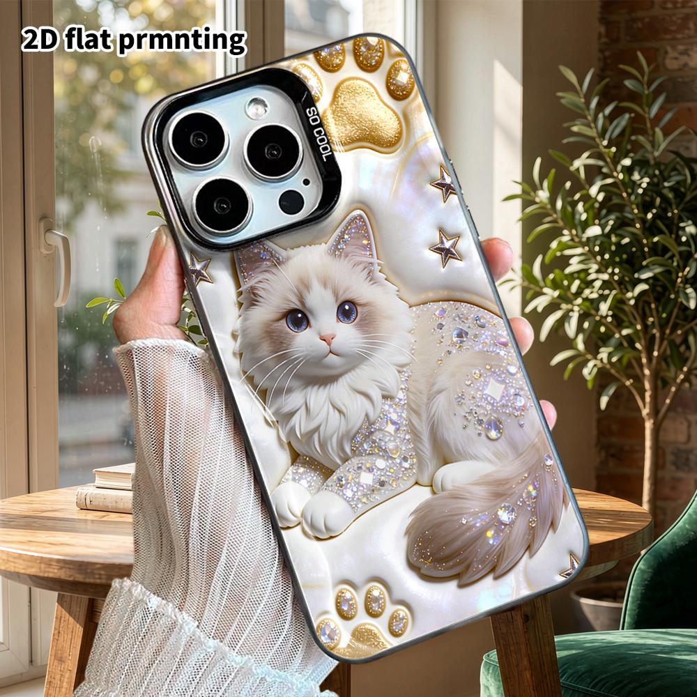 Phone Case: 2D Flat Design, Suitable for iPhone 18, 17, 16, 15, 14, 13Pro, Color Silver Protective Case, Couple Style, Studded Ragdoll Cat, Christmas 