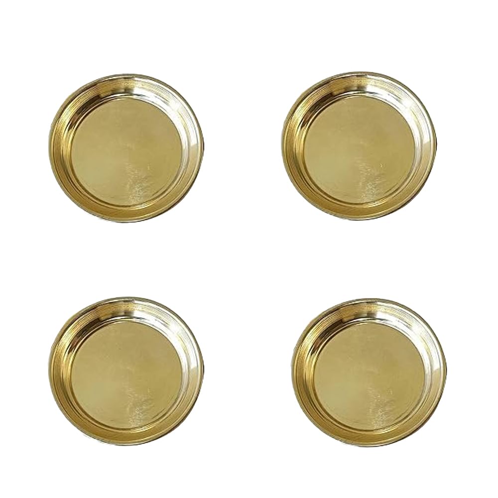 RSINC Small Size Brass Plate for Decoration/Bhog Thali with Beautiful on Base Small Thali & Gift Item (Size 2.8 inch) Set of 4pcs Brass. Color