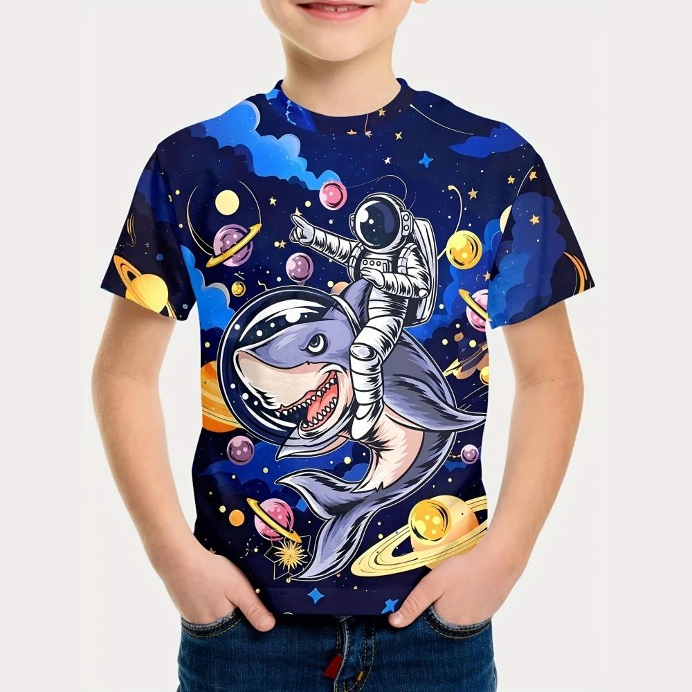 Summer Cartoon Astronaut Round Neck Short Sleeve Pattern T-shirt Fun Children's Clothing Boy's T-shirt