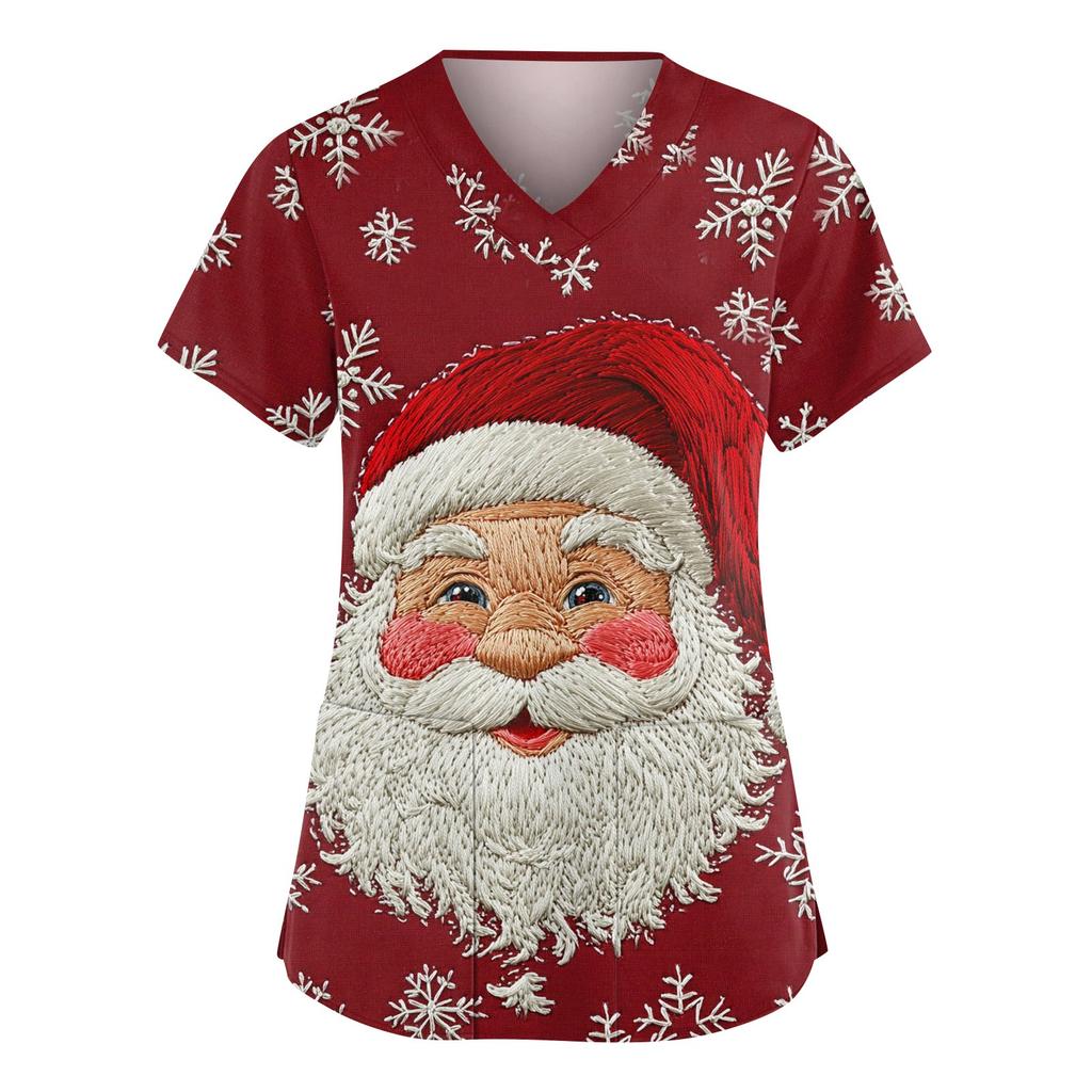Women's Fashionable V-neck Workwear Christmas Printed Short Sleeved Pocket Side Slit Workwear Basic Pullover Top