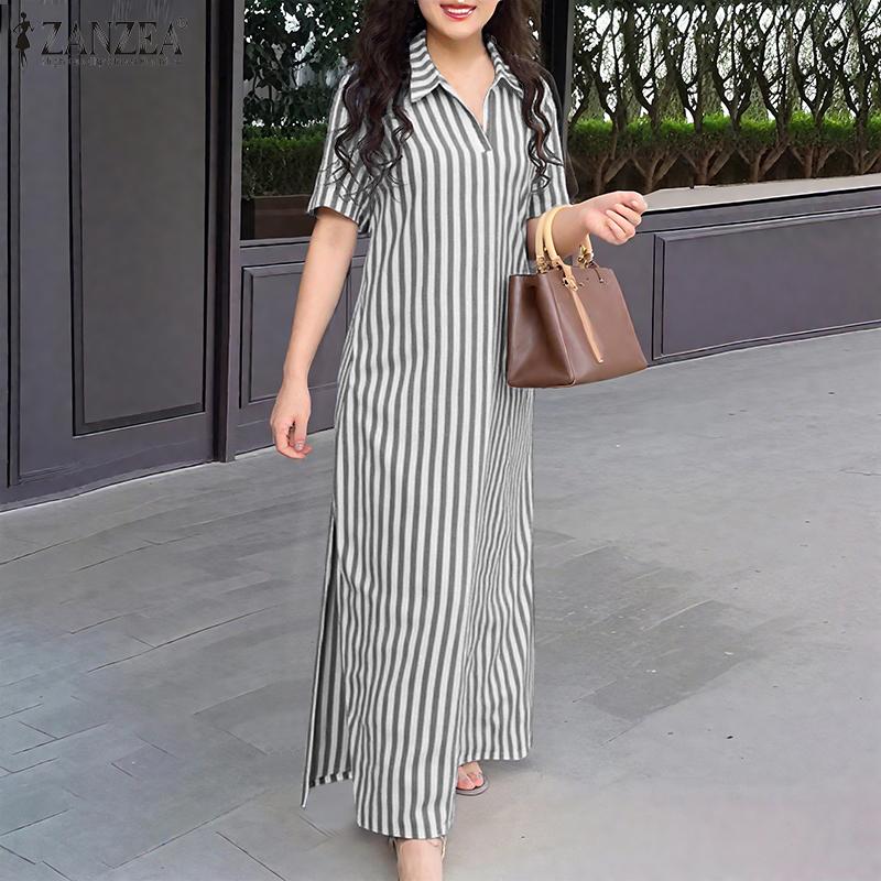 ZANZEA Rochie de cămașă de vară casual pentru femei, cu guler rabatat, largă, cu mâneci scurte