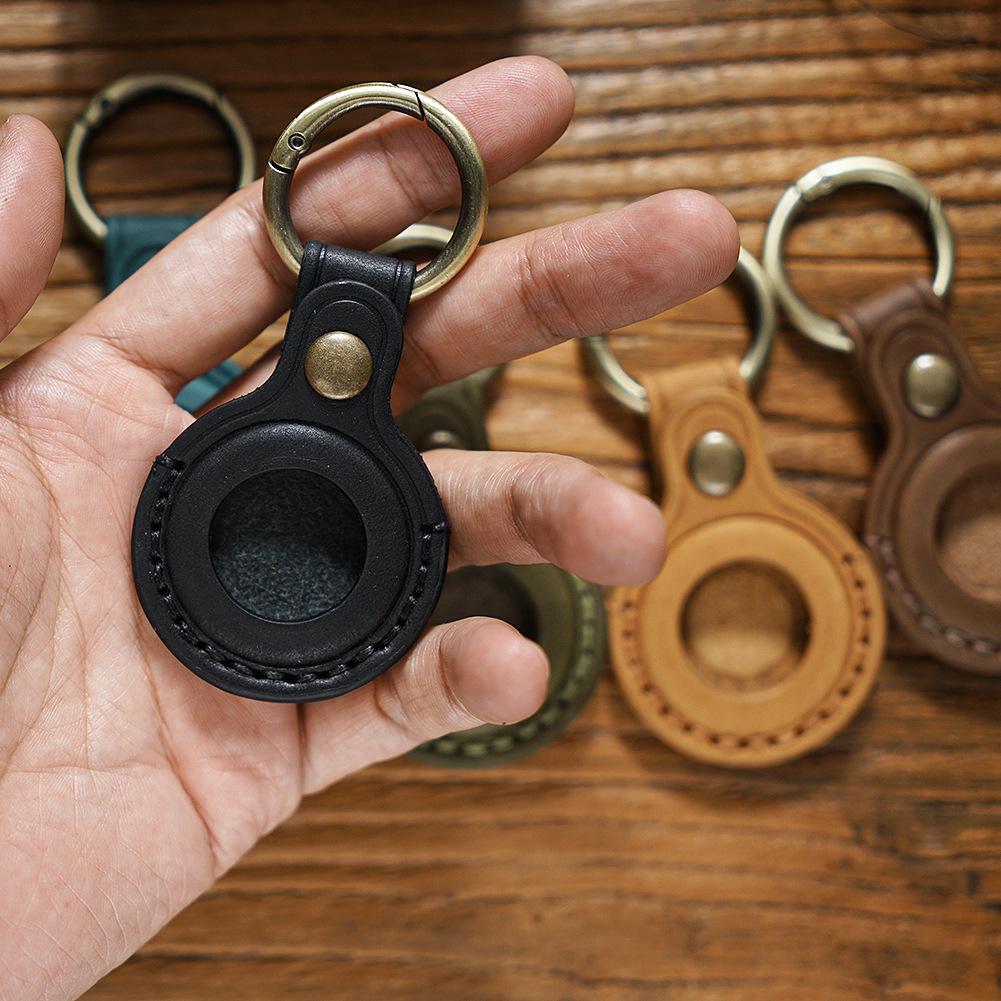 2025 Fashion Custom Top Layer Cow Leather Keychain Apple Air Tag Protective Cover Pet Anti-Loss Location Tracker Key Ring Sleeve
