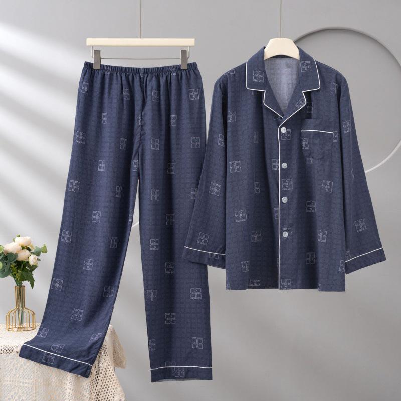 Men's Cotton Silk Long Sleeve Pajama Set, Plus Size, Cardigan, Wear Outdoors, Internet Trend, Pure Cotton, Simple & Comfortable Homewear