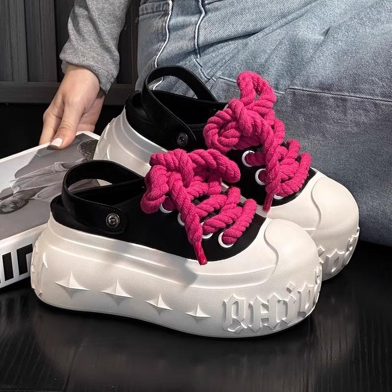 

Fashion big head lace-up muffin thick-bottomed bag head half slippers Women s versatile small man increases height two wear cool slippers 40 чёрный