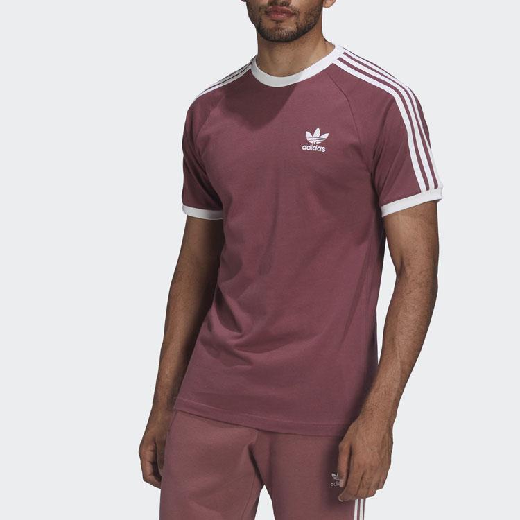 Adidas Striped Embroidered Logo Sports Short Sleeve T-Shirt Men Tops Dark-Red HE9548