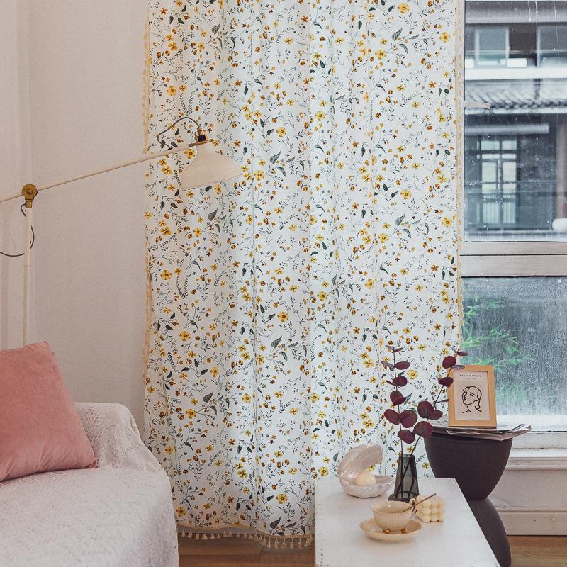 Curtain Finished Japanese And Korean Floral Fresh Non-Punching White Printed Cotton Girl'S Room Small Window Privacy Curtain