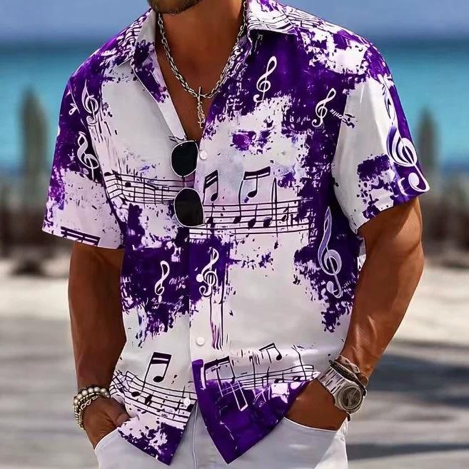 Hawaiian Loose-fit Short-sleeve Shirt, Men's Summer Musical Note Print Short-sleeve Shirt