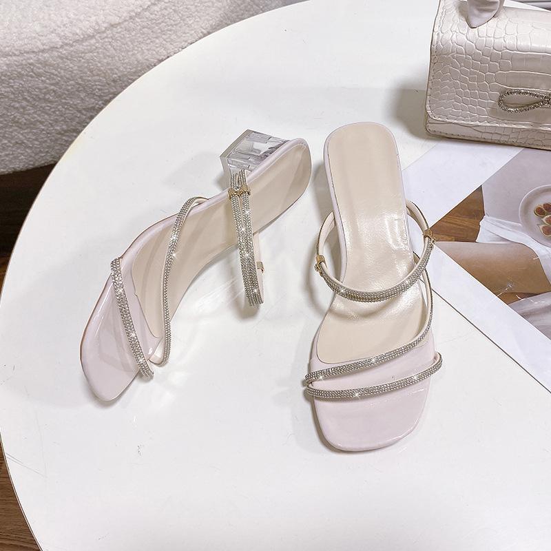 Fairy wind cool slippers female summer wear new Internet celebrity super fire rhinestone middle heel one word drag temperament high heels