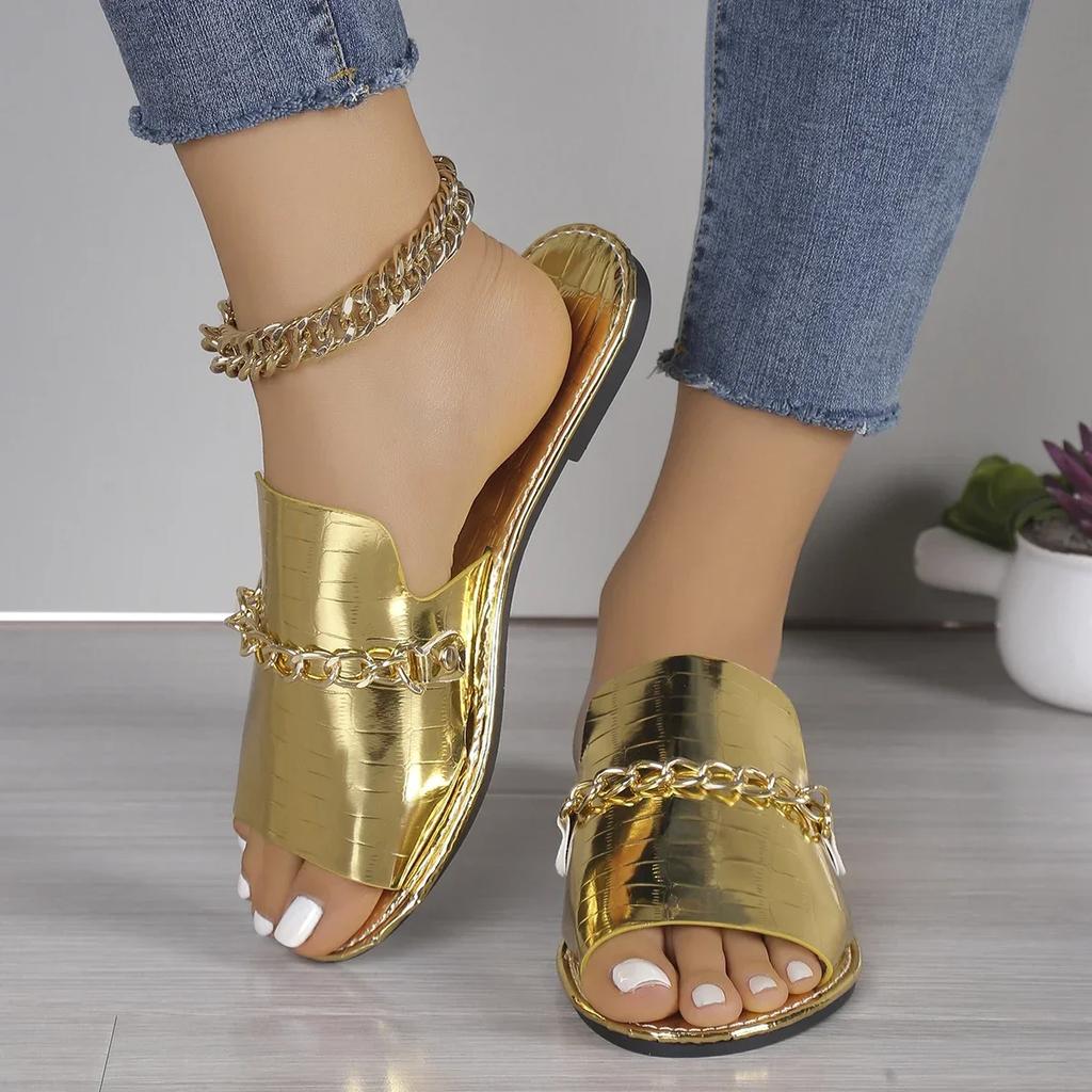 Fashion Large Size 42 Golden Slippers Shoes Women Round Toe Slides Women's Black Summer Flat Bottom Beach Shoes Flip Flops