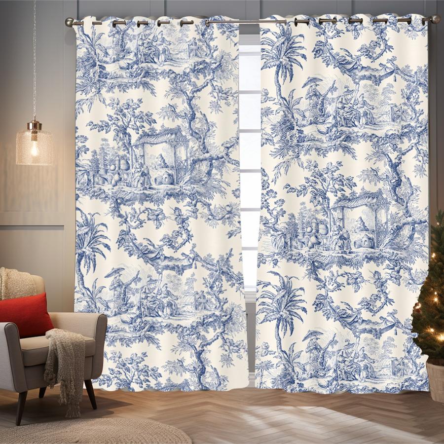 2 Panels Blackout Toile Curtains for Bedroom, 84 Inch Length Drapes Toile de Jouy French Country Printed Country for Living Room