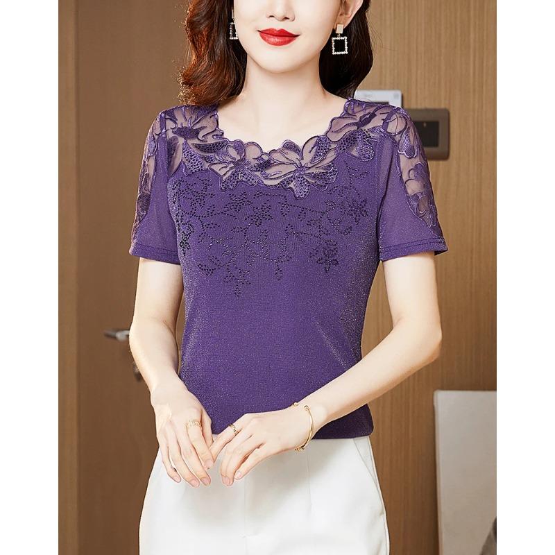 Női Póló Csipke Lyukacsos Hímzett Hálós Pólók Divatos Alkalmi Rövid Ujjú Strasszos Női Ing