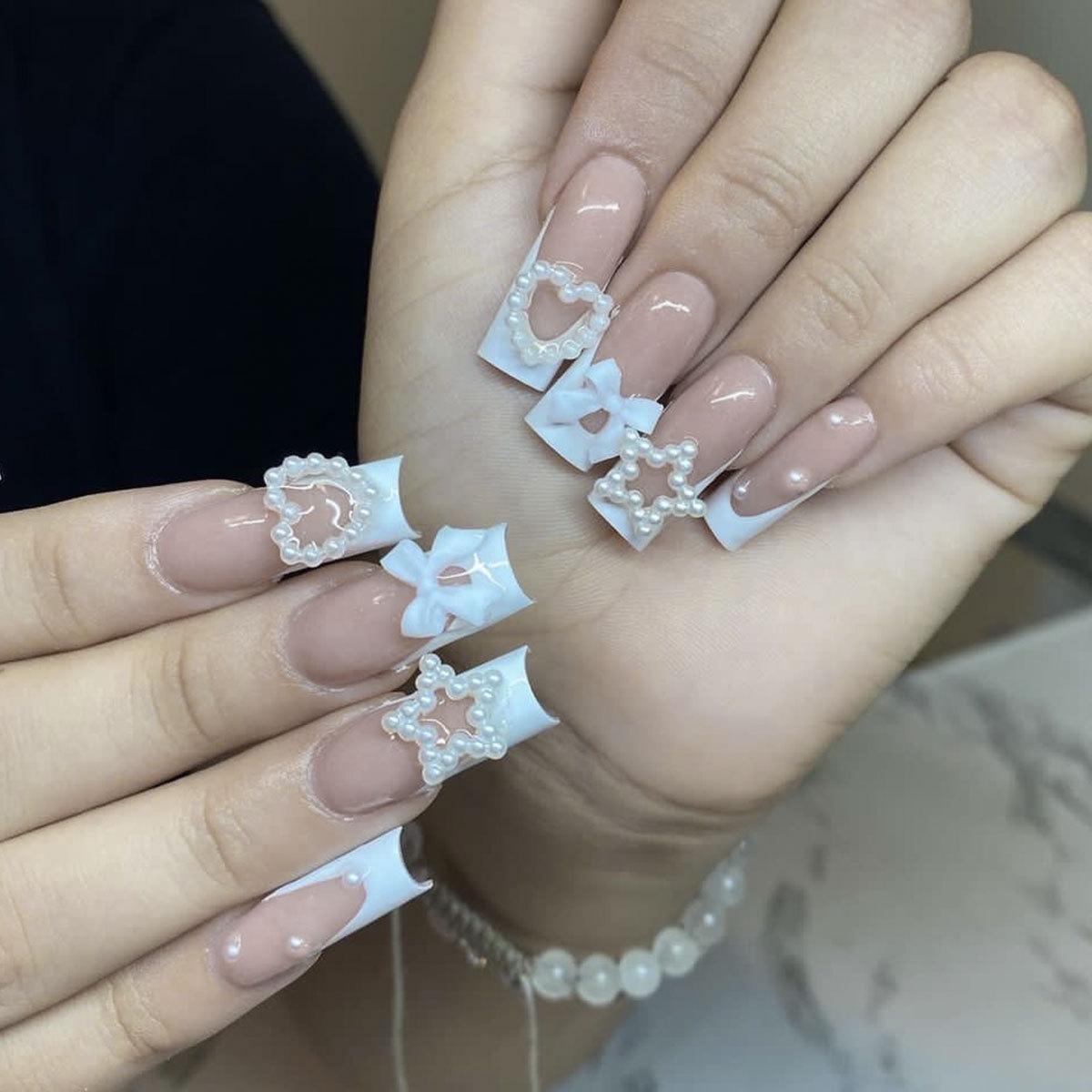 

Wearable White French Pearl Heart Bow Star Decor False Nail Art Patches