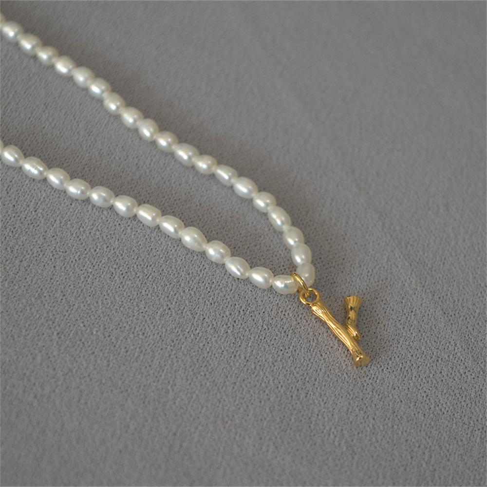 French Vintage Oval Artificial Pearl Chain Necklace For Women Fashion Boho Gold-plate Metal Tree Texture Letter Pendant Jewelry
