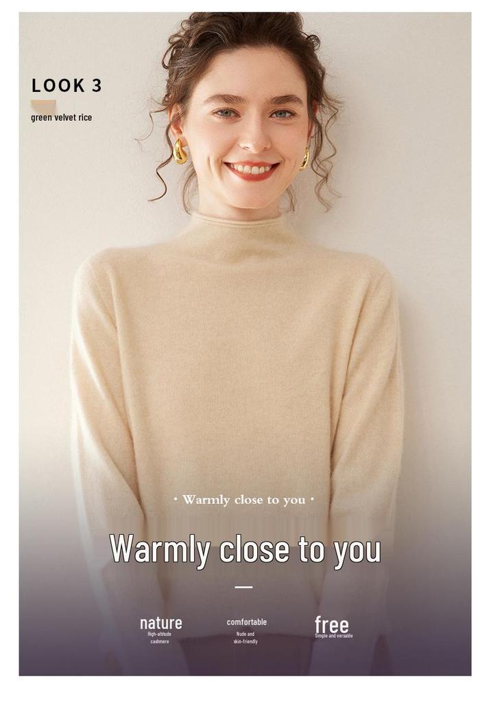 2025 Women's Autumn-Winter Pure Cashmere Half-High Neck Loose Knit Sweater Pullover