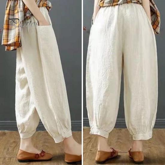 Loose Trousers Lantern Pants Summer Elastic Waist Solid Color Cotton Linen Dual Pockets Harem Ankle Length Fit Women Baggy Daily Wear Casual