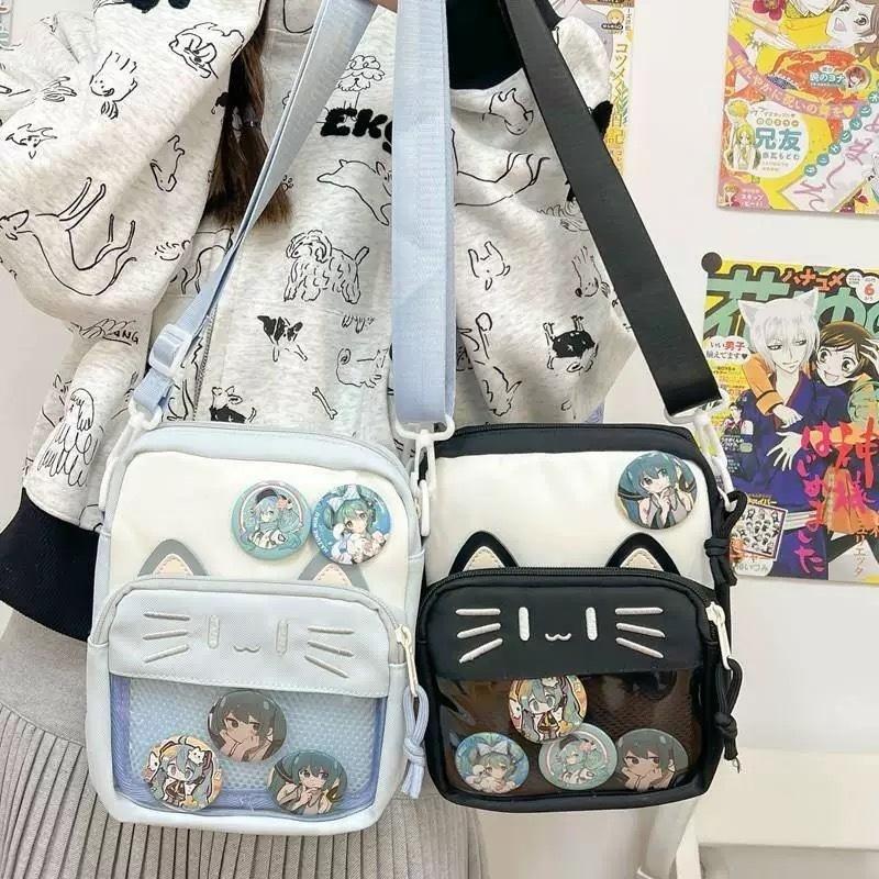Y2K Cute Cartoon Cat Ita Crossbody Bag Mini Women Casual Shoulder Bags Kawaii Girls Transparent Pocket DIY Display Nylon Handbag