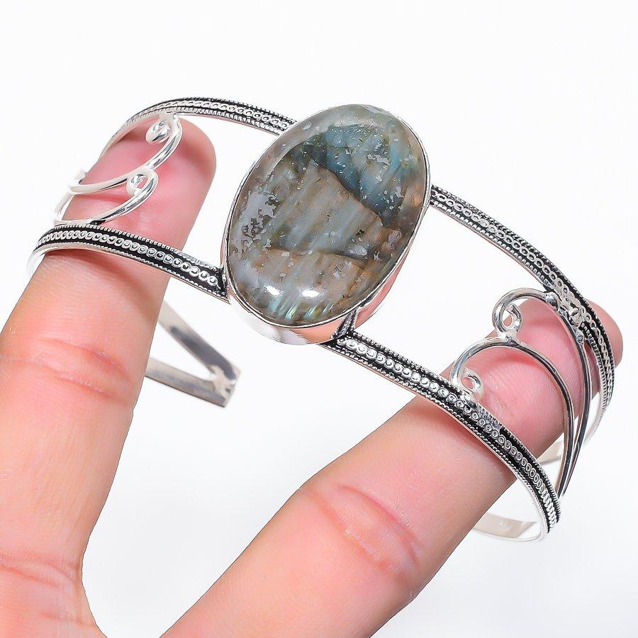 Natural Labradorite Gemstone 925 Sterling Silver Cuff Bangle Adjustable s1K37