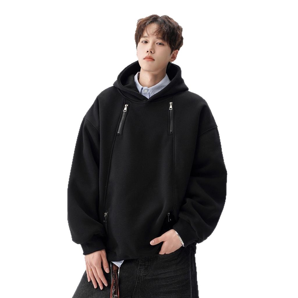 American Heavy Hooded Gray Sweater Men's Trendy High Street Double Zipper Design Sense Loose Versatile Hoodie Jacket