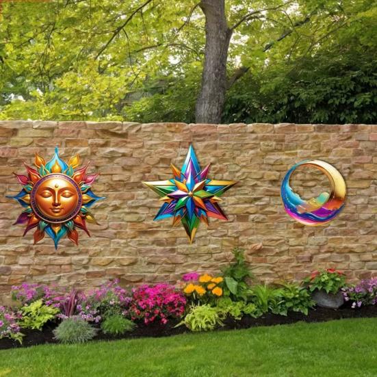 3Pcs Sun Moon Star Wall Decoration No Drill Indoor Outdoor Sun Moon Stars Wooden Wall Art Set Waterproof Sun-Proof Bohemian
