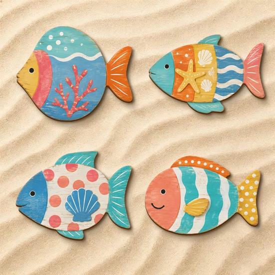 Seaside Bathroom Wall Art 4PCS Aspen Wood Fish Decor, Colorful Hanging Handcrafted Set Art, Beach Theme Decorative Plaques for Living Room Nautical