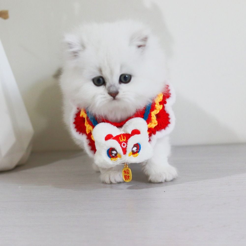 Chinese Style Spring Festival Lion Dance Cat Tie Adjustable Warm New Year Pet Collar Handmade Blessing Cat Knitting Scarf Puppy