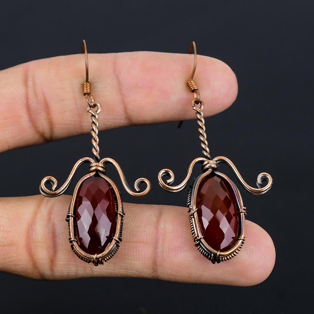 Red Carnelian 999 Copper Wire Wrapped Earrings, Handmade Gemstone Earrings Jewelry, Gifts For Wife Brand New Earrings