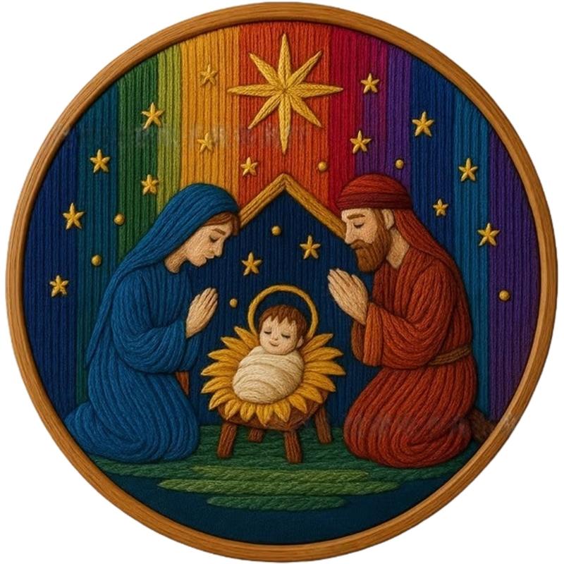 Nativity Scene Embroidery Craft Set Includes Adjustable Hoop Metal Needle Scissors for Holiday Crafting Projects