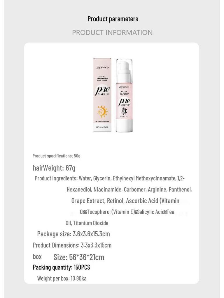 Zephoco Hydrating Makeup Primer: Protects, Moisturizes, and Improves Adherence for All Skin Types.