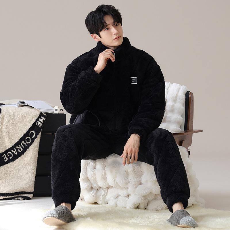 Pajamas Men'S Winter Velvet Winter Warm Three-Layer Thickened Padded Jacket Coral Fleece Loungewear Set Winter