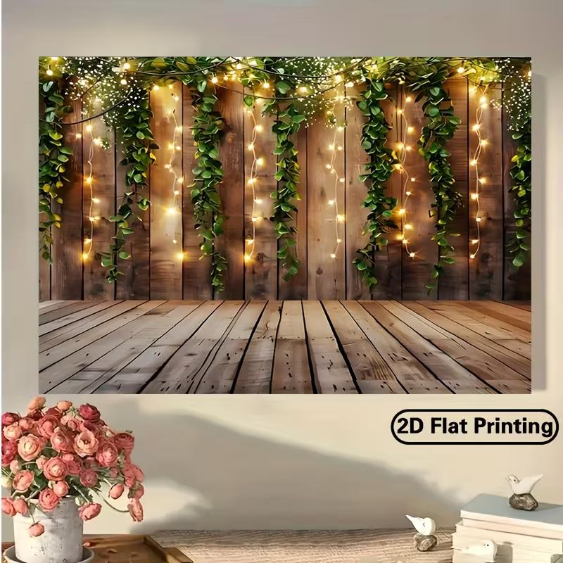 2D Boho Wooden Wall Backdrop with Leaves and String Lights Party Photo Background Banner